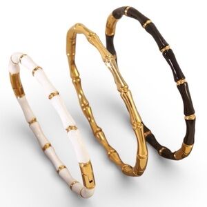 3pcs Bamboo Rayon Bracelet Set Elegant Black & White & Gold Enamel Cuff